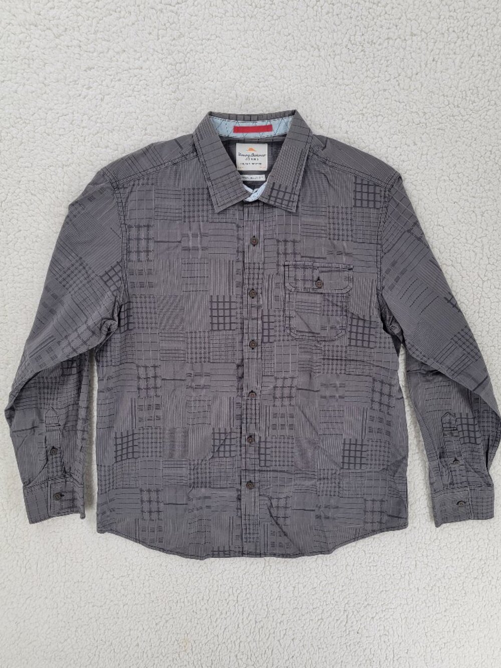 Tommy Bahama Jeans Men L Gray Patchwork Grid Plaid L/S Island Crafted Shirt